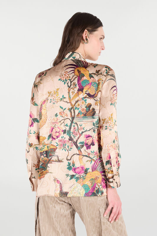 RC Seidenhemd Mit Oriental Bird Print Elfenbein/Rosa VKT704-TYP76
