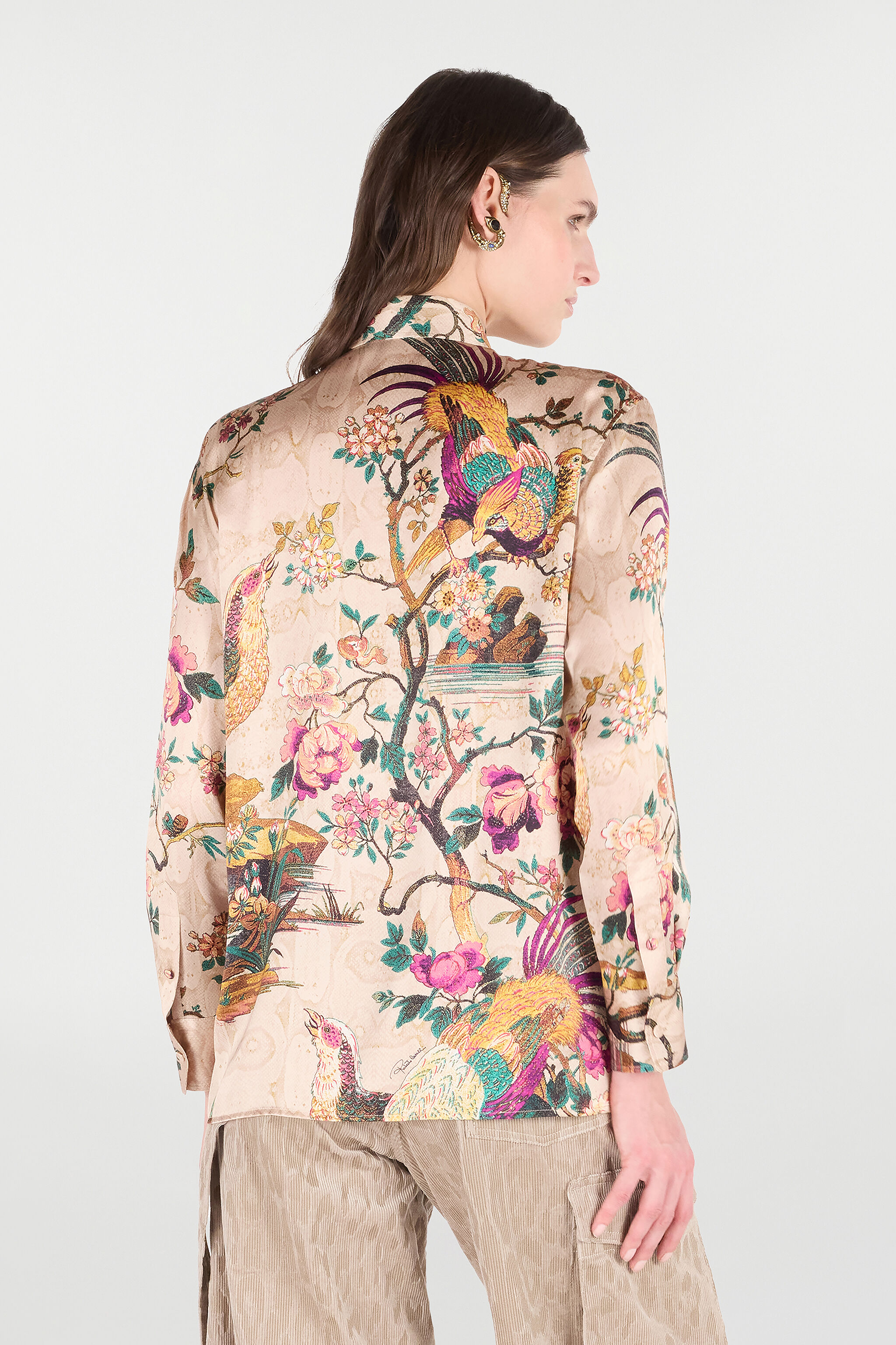 RC Seidenhemd Mit Oriental Bird Print Elfenbein/Rosa VKT704-TYP76