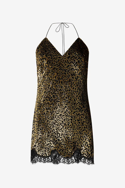 RC Vestido Lencero De Seda Con Estampado Macro Leopard BLACK/GOLD WKT143-FT061