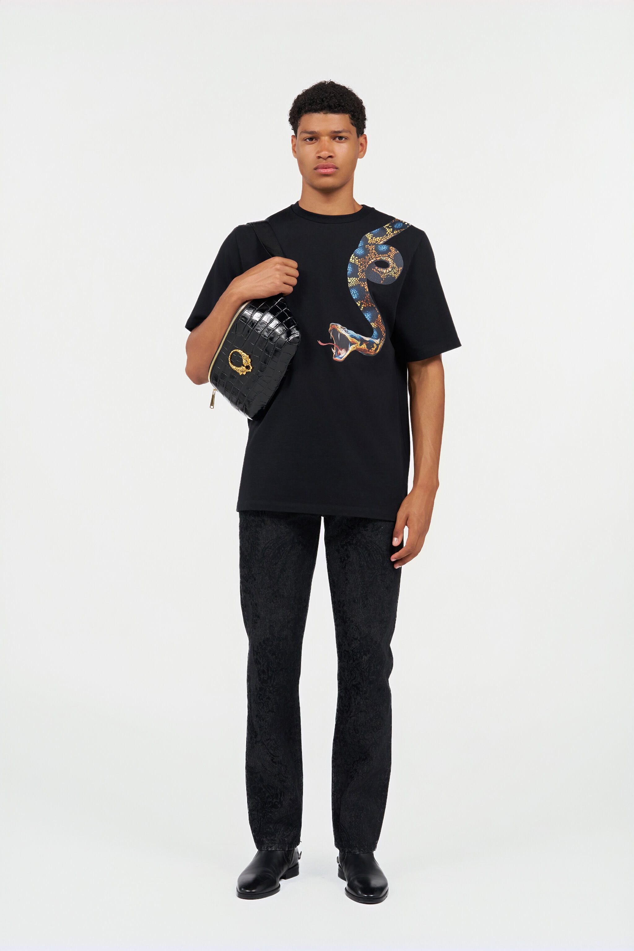 RC Camiseta de algodón con estampado de serpiente BLACK WRT61G-JD060