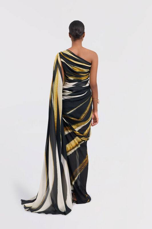RC Vestido Maxi De Seda Con Estampado Ray Of Gold Oro TKT106-CTM33